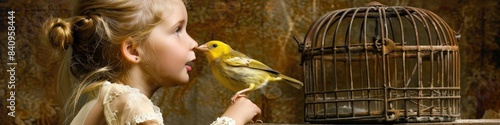 Young girl with blonde hair and a white dress interacts with a yellow canary. The canary is perched on the girls hand, and the girls eyes are fixed on the bird. A birdcage sits in the background © sommersby