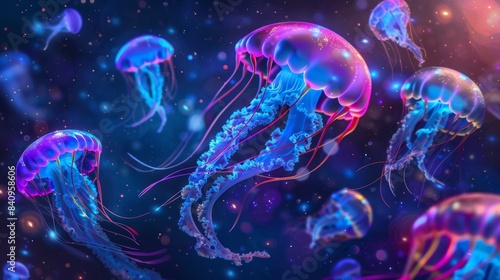 A group of colorful jellyfish are floating in the sky