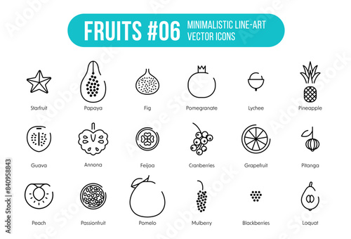 Fruits Icons – Pack vol 06 has eighteen types of fruits and names. Trendy vector symbols suitable for grocery website, supermarket apps and UI kit
