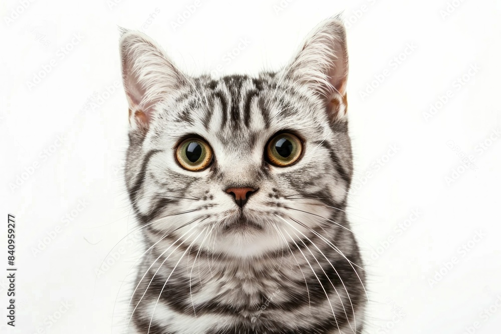 Cute gray and white striped cat gazing up at the camera on a clean white background Cute gray and white striped cat gazing up at the camera on a clean white background