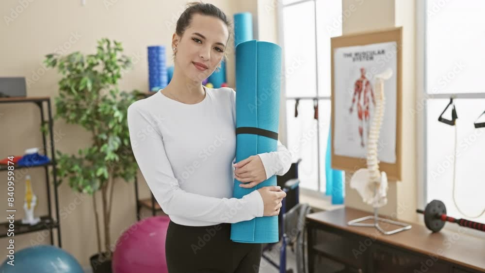 A confident young woman holds a yoga mat in a bright gym, exuding readiness for a fitness session. A confident young woman holds a yoga mat in a bright gym, exuding readiness for a fitness session.