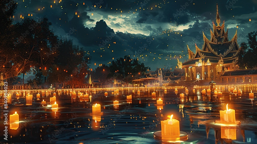 Fototapeta premium Peaceful Vesak Celebration Processions Bringing Candle-Lit Light to City Streets