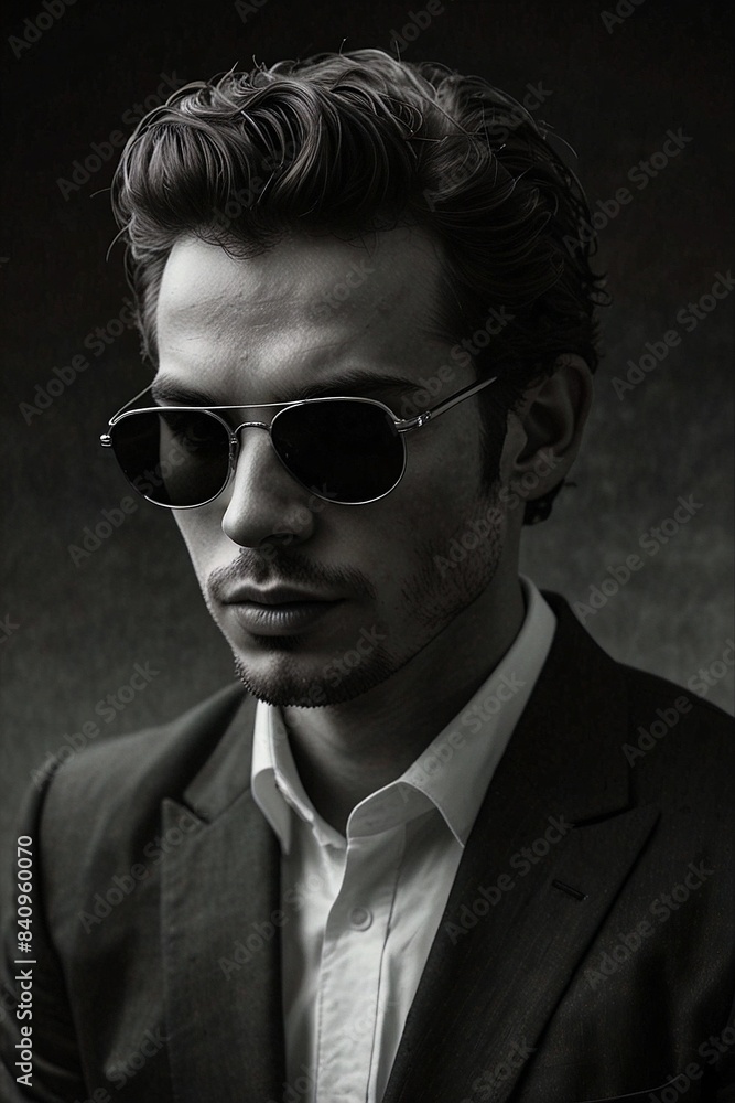 Obraz premium Hidden Gaze: Man with Full-Cover Sunglasses, Concealed Features and Eyes, Black and White