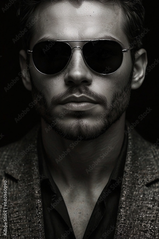 Hidden Gaze: Man with Full-Cover Sunglasses, Concealed Features and Eyes, Black and White Hidden Gaze: Man with Full-Cover Sunglasses, Concealed Features and Eyes, Black and White
