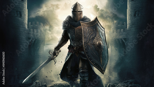 epic powerful medieval knight with sword and metal shield guardian warrior, mystic fantasy battle
