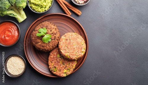 Quinoa burgers with guacamole and salsa ingredients with copy space, top view; healthy vegan food concept on a dark background;, paleo or ketogenic diet idea