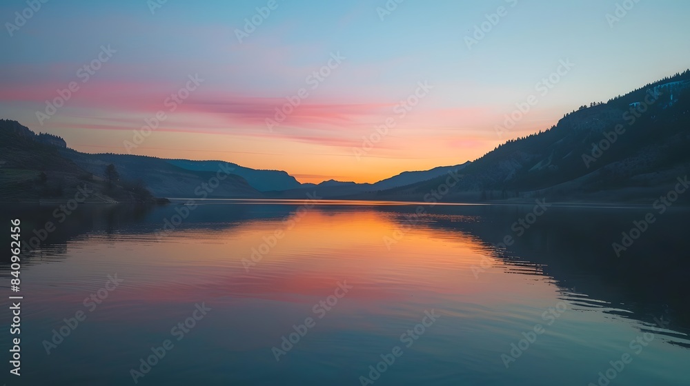 A colorful sunset reflected in the calm waters of a mountain lake.
