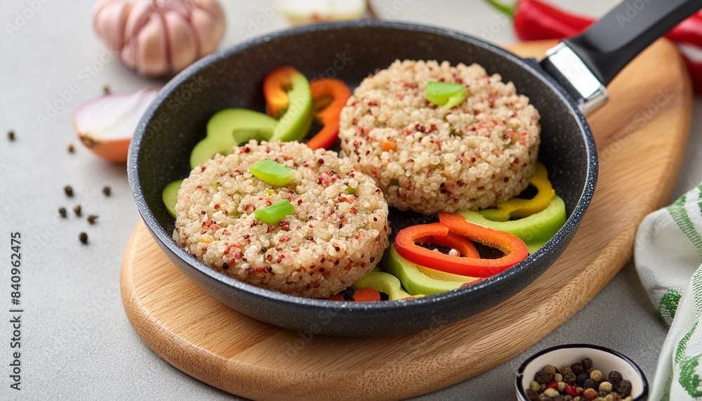 Quinoa burgers with peppers and onions in a frying pan, gray stone table; healthy food for low calorie diet snack avocado burger preparation close up Quinoa burgers with peppers and onions in a frying pan, gray stone table; healthy food for low calorie diet snack avocado burger preparation close up