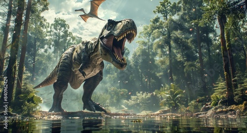 Fototapeta Naklejka Na Ścianę i Meble -  Prehistoric creature roaming in untamed jungle with majestic bird in flight in dramatic scene