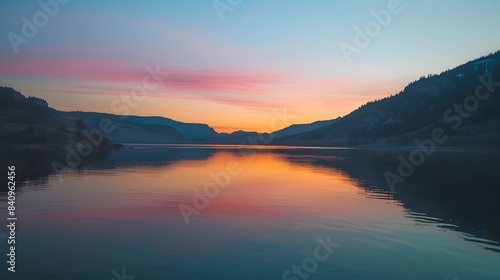 A colorful sunset reflected in the calm waters of a mountain lake. © nirabs_creative