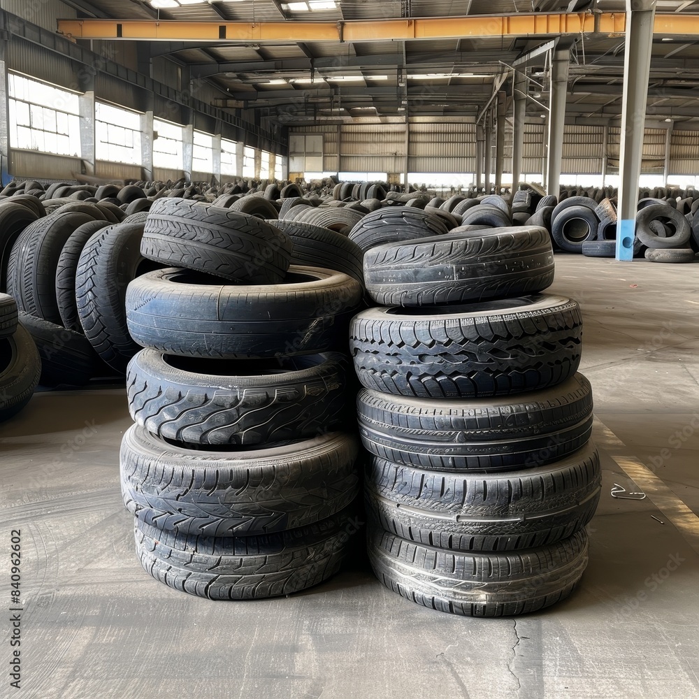 Piles of car tires in factory storage area. Concept Industrial Waste Management, Recycling Practices, Synthetic Rubber Production, Tire Manufacturing Technology Piles of car tires in factory storage area. Concept Industrial Waste Management, Recycling Practices, Synthetic Rubber Production, Tire Manufacturing Technology