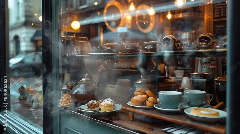 A cozy cafe with steaming cups of coffee and pastries on display in the window A cozy cafe with steaming cups of coffee and pastries on display in the window