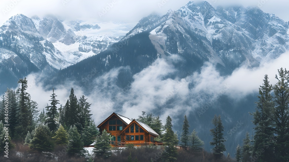 A cozy mountain cabin surrounded by snow-capped peaks and evergreen trees A cozy mountain cabin surrounded by snow-capped peaks and evergreen trees