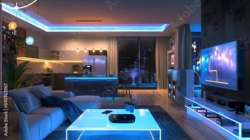 A high-tech smart home with futuristic gadgets and appliances controlled by a smartphone app