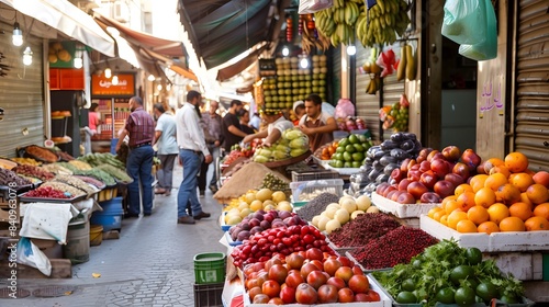 A lively street market with vendors selling exotic fruits and spices