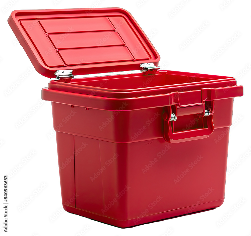Red Empty Plastic Cooler Box With Open Lid for Cold Drinks. Isolated on a Transparent Background. Cutout PNG. Red Empty Plastic Cooler Box With Open Lid for Cold Drinks. Isolated on a Transparent Background. Cutout PNG.