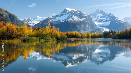 A serene mountain lake reflecting snow-capped peaks and colorful autumn foliage