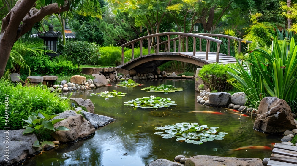 A tranquil Japanese garden with a wooden bridge and koi pond A tranquil Japanese garden with a wooden bridge and koi pond