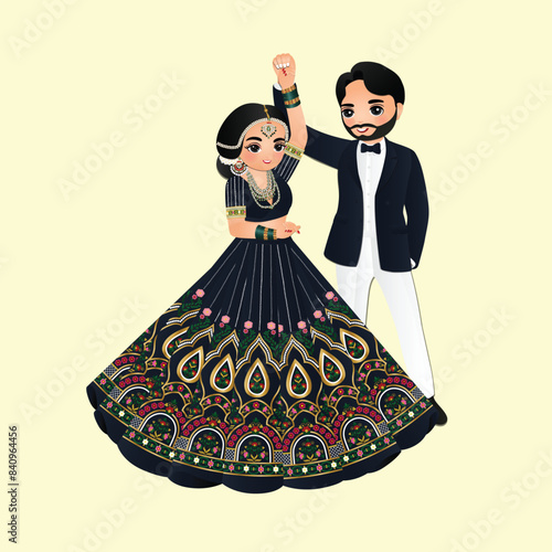  Wedding invitation card the bride and groom cute couple in traditional indian dress cartoon character
