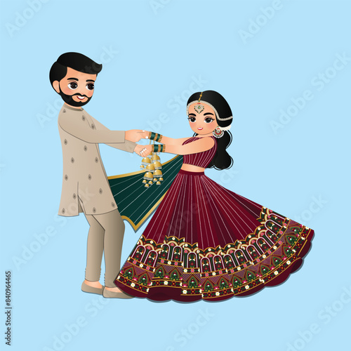  Wedding invitation card the bride and groom cute couple in traditional indian dress cartoon character