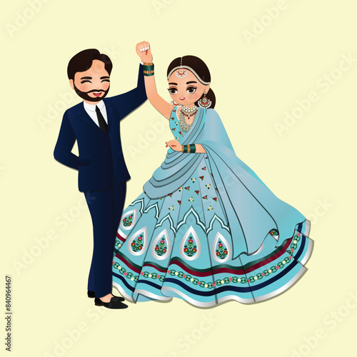  Wedding invitation card the bride and groom cute couple in traditional indian dress cartoon character