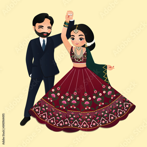  Wedding invitation card the bride and groom cute couple in traditional indian dress cartoon character