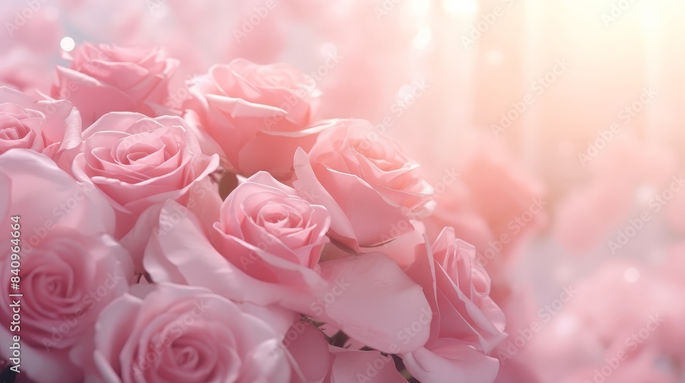 A beautiful bouquet of pink roses bathed in soft sunlight, creating a romantic and serene ambiance. Perfect for wedding or love themed projects. A beautiful bouquet of pink roses bathed in soft sunlight, creating a romantic and serene ambiance. Perfect for wedding or love themed projects.