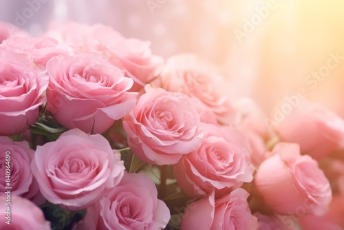 A beautiful bouquet of pink roses bathed in warm sunlight, perfect for romantic occasions or floral decor inspiration.