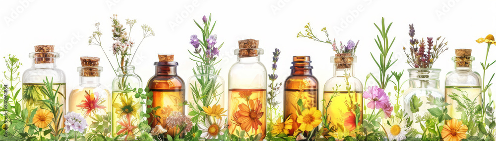 Assortment of Essential Oils with Fresh Herbs Assortment of Essential Oils with Fresh Herbs