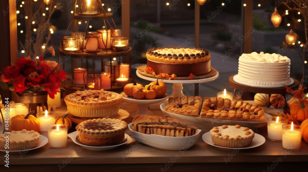 A festive dessert table with cakes, pies, and candles, set amidst a warmly lit cozy atmosphere, perfect for holiday celebrations. A festive dessert table with cakes, pies, and candles, set amidst a warmly lit cozy atmosphere, perfect for holiday celebrations.