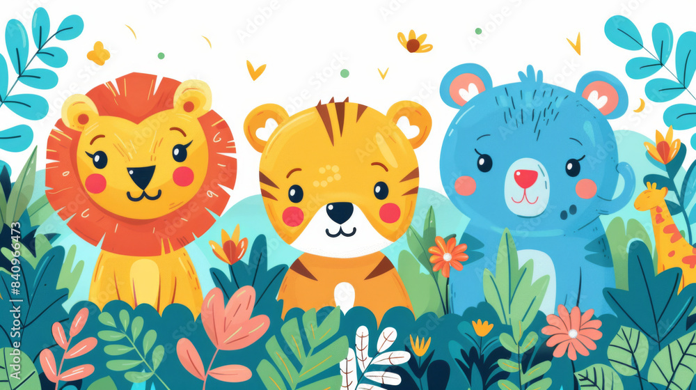 Bright and colorful illustration of cute cartoon jungle animals, featuring a lion, tiger, and bear among lush greenery. Bright and colorful illustration of cute cartoon jungle animals, featuring a lion, tiger, and bear among lush greenery.