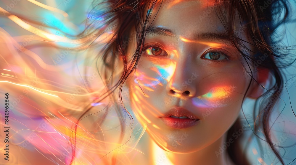 Hologram of the head and shoulders of an Asian woman, with colorful lines swirling around her face. AI Hologram of the head and shoulders of an Asian woman, with colorful lines swirling around her face. AI