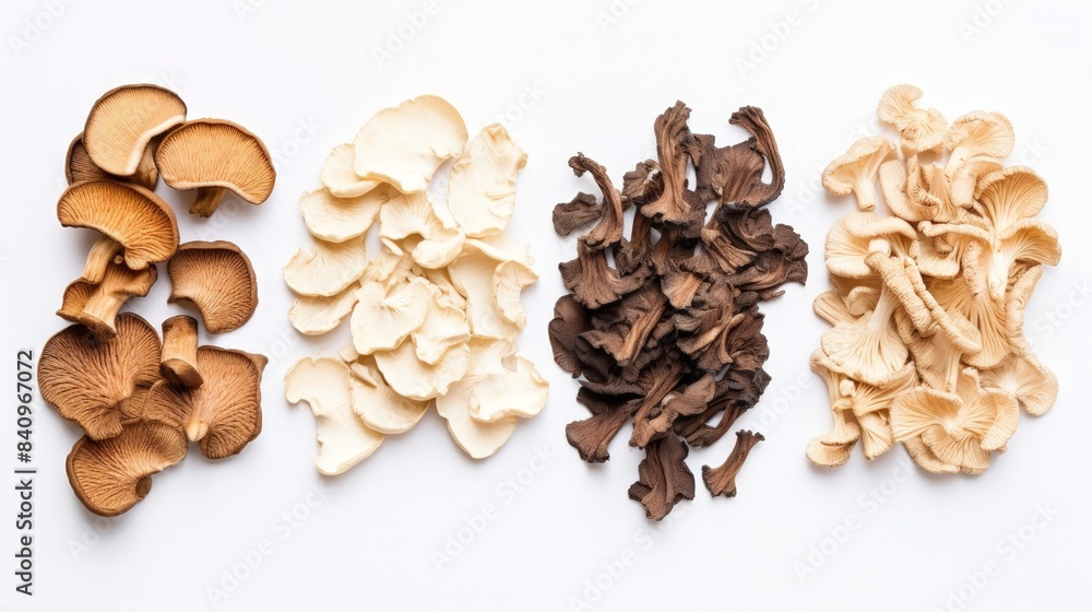 Assorted dried mushrooms on a white background. Various types and colors of sliced mushrooms arranged neatly in rows, ready for culinary use. Assorted dried mushrooms on a white background. Various types and colors of sliced mushrooms arranged neatly in rows, ready for culinary use.
