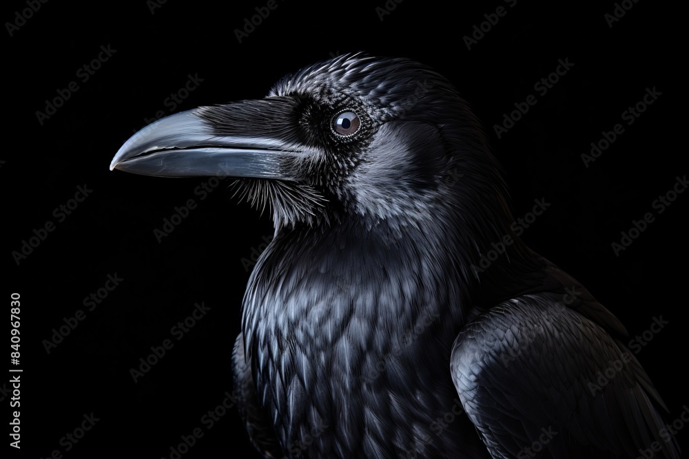 Close-up of a majestic black raven against a dark background, highlighting its sharp features and glossy feathers. Close-up of a majestic black raven against a dark background, highlighting its sharp features and glossy feathers.