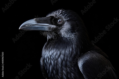 Close-up of a majestic black raven against a dark background  highlighting its sharp features and glossy feathers.