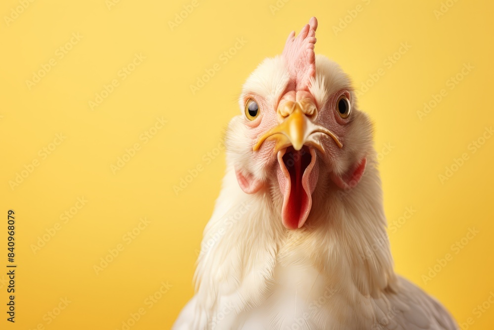 Close-up of a surprised white chicken with a yellow background. A humorous and expressive animal portrait ideal for various uses.