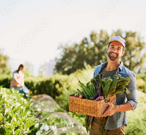 Behang Farmer, man and basket of vegetables or produce, market and supplier for organic food