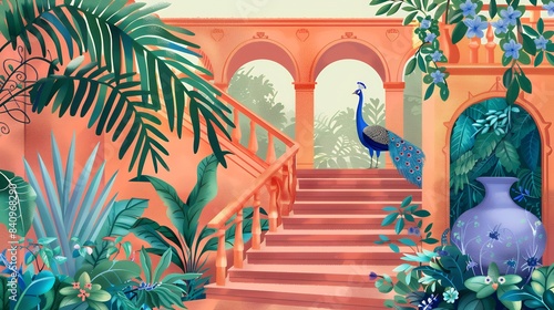 Mughal garden with peacock bird arch illustration for invitation