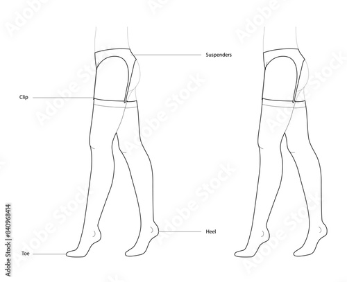 Stockings Suspenders Gatherbelt with diagram text names. Fashion accessory clothing technical illustration stocking. Vector side view for Men, women, unisex style flat template mock-up CAD