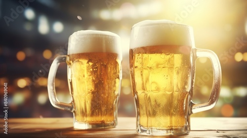 Close-up of two frosty beer mugs filled with golden beer  set against a warm  glowing backdrop. Perfect for a bar or pub-themed image.