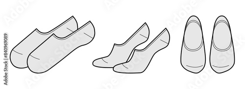 Foot, No-show socks length set. Fashion hosiery accessory clothing technical illustration stocking. Vector front, side view style, flat template CAD mockup sketch outline isolated on white background 