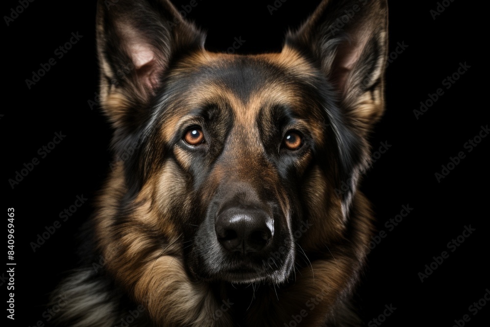 Close-up portrait of a German Shepherd dog with a detailed, expressive face and piercing eyes, set against a black background. Close-up portrait of a German Shepherd dog with a detailed, expressive face and piercing eyes, set against a black background.