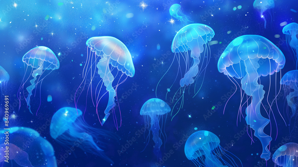 Jellyfish wallpaper in an anime style, featuring bright colors and playful designs Jellyfish wallpaper in an anime style, featuring bright colors and playful designs