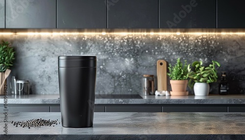 sleek protein shaker positioned in the top left third on a simple countertop photo