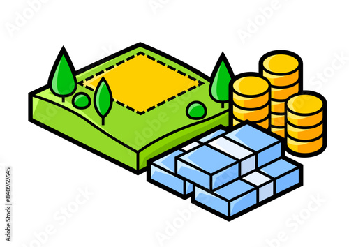 Image of plot land and money. Real estate illustration in isometry style.