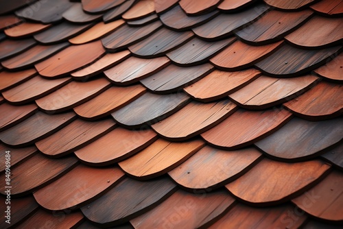 Close-up view of wooden roof shingles displaying a pattern of overlapping, curved tiles in warm, earthy tones. Perfect for architecture concepts.