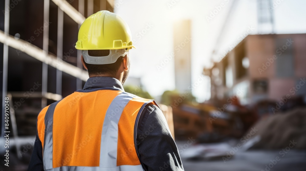 Construction worker with safety gear looking at a building site during sunrise, embodying occupational safety and industrial development. Construction worker with safety gear looking at a building site during sunrise, embodying occupational safety and industrial development.