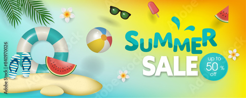 Summer Sale banner with beach elements like tropical leaves,  a beach ball, swim ring, sunglasses, watermelon, flowers
