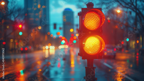 a traffic light hanging above a quiet street created with Generative AI technology