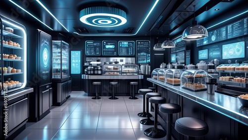 Futuristic Coffee Shop with Sleek High-Tech Design